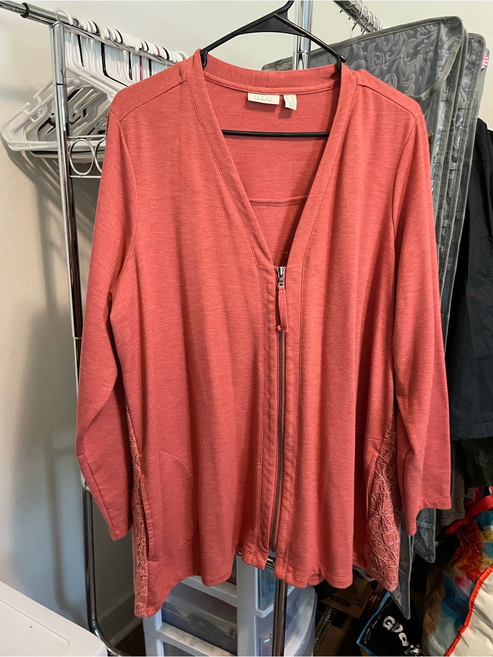 Logo Lori Goldstein Rust Coral Zip-Front  Cardigan with Lace
